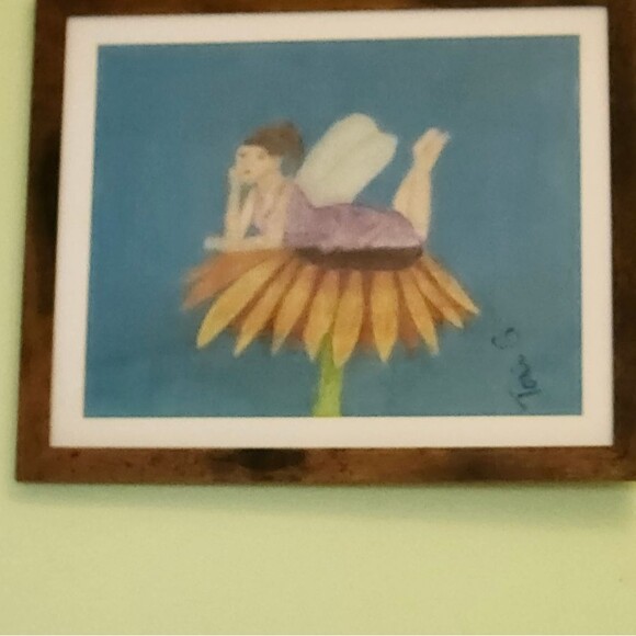 Hand Crafted Fairy On A Flower Colored Pencil Drawing Framed 9x11" - Picture 3 of 14